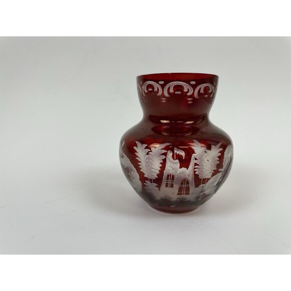 Vintage Egermann Czech Ruby Red Cut to Clear Etched Glass Mini Vase 3" - Picture 8 of 14
